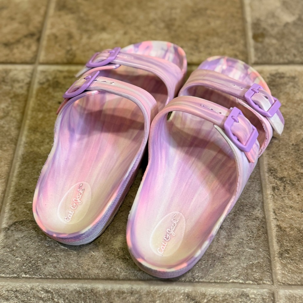 Cat & Jack Kids Size 2 Purple Pink Marble Tie Dye Double Buckle Slide Sandals